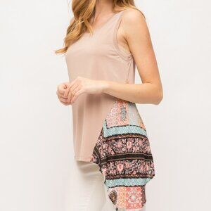 MYSTREE Blush Tank Top with Boho Print Side Panel, Asymmetrical Hem Sleeveless